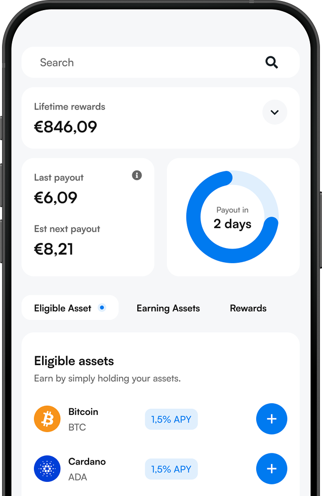 Crypto savings screen showing lifetime rewards and eligible assets