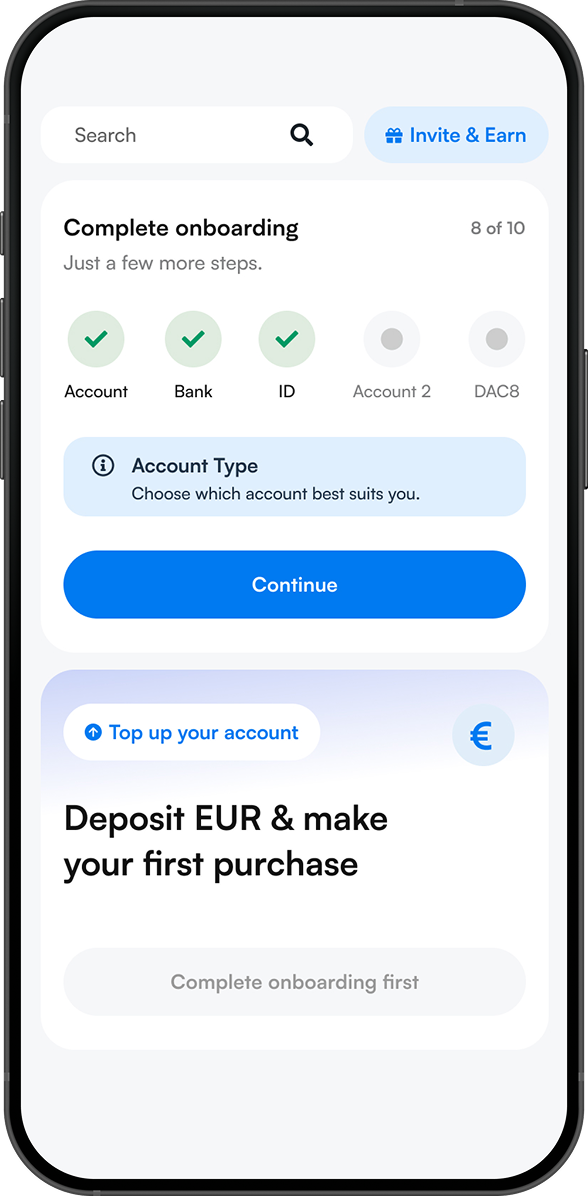 Complete onboarding checklist with account type and deposit prompts
