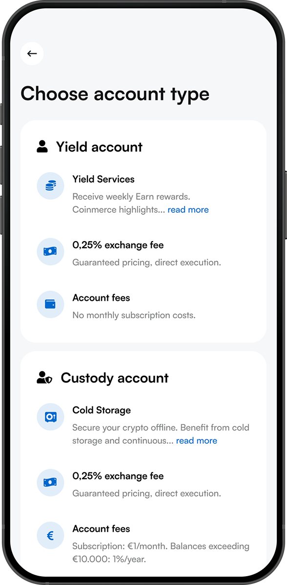 Choose account type: Yield account and Custody account compared side by side