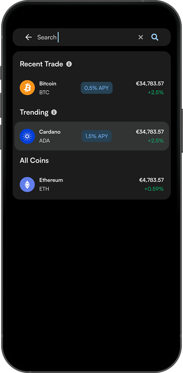 Smart search showing recent trades, trending coins and all coins