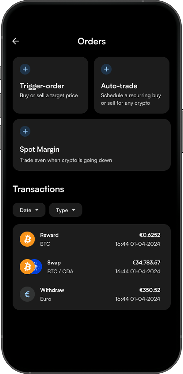 Orders overview: trigger order, auto-trade, Spot Margin and a transaction history