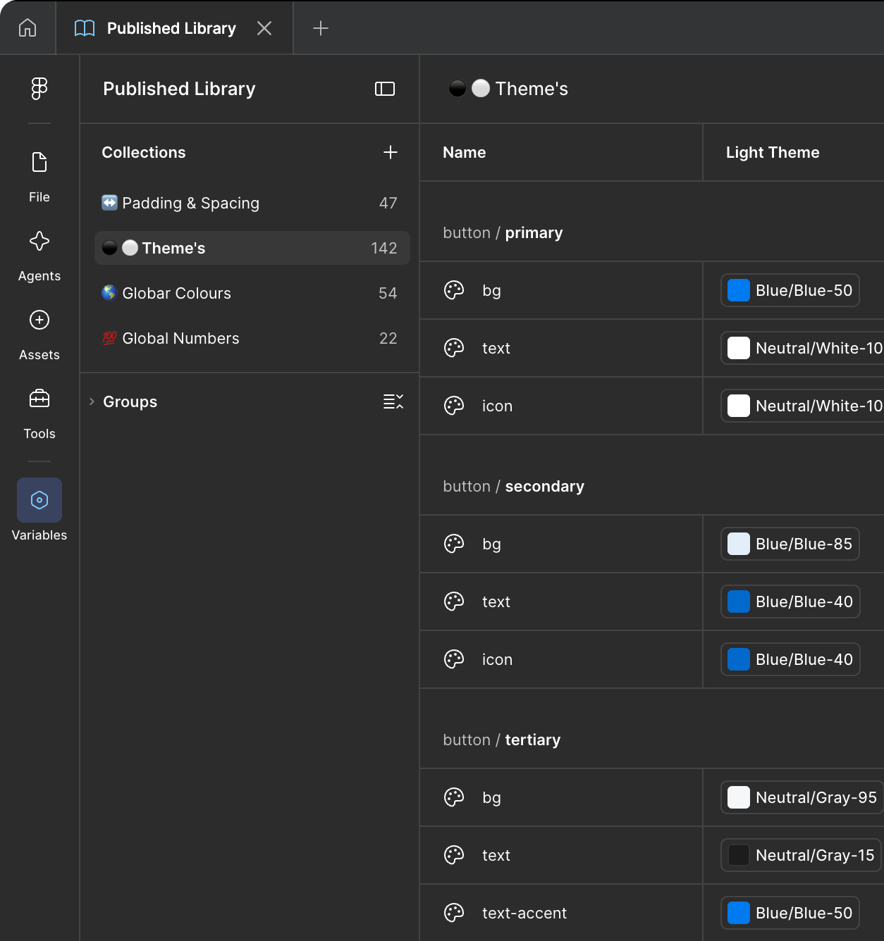 Figma variables: theme tokens for buttons, with light-theme colour values