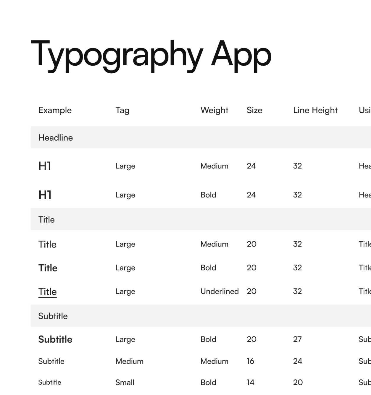 Typography scale: headline, title and subtitle styles with weight, size and line height