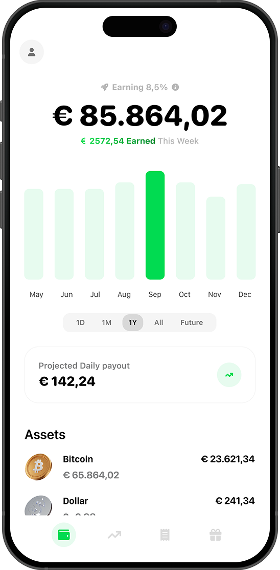 Coinmerce Vault dashboard: balance, monthly earnings chart and projected daily payout
